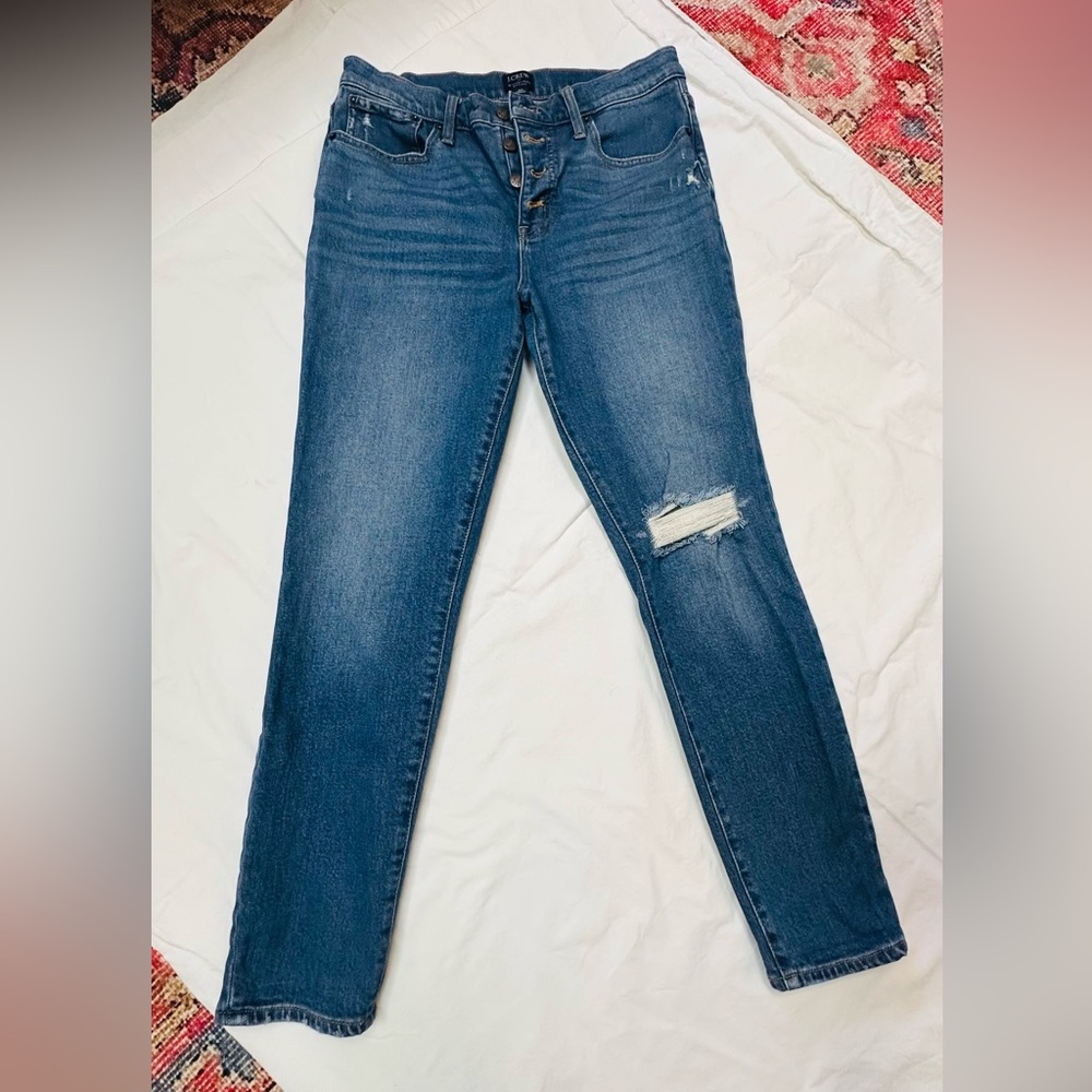 J. Crew Skinny Jeans in Medium Blue with Distressed Knee
